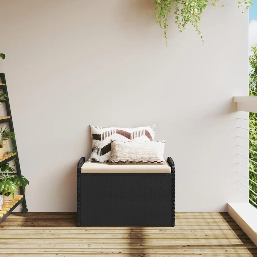 Banc de rangement avec coussin noir 80x51x52 cm résine tressée - 3
