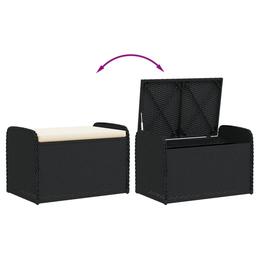 Banc de rangement avec coussin noir 80x51x52 cm résine tressée - 7