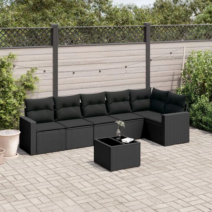 Salon de jardin 7 pcs avec coussins noir résine tressée 62 x 62 x 69 cm - 59,4 kg