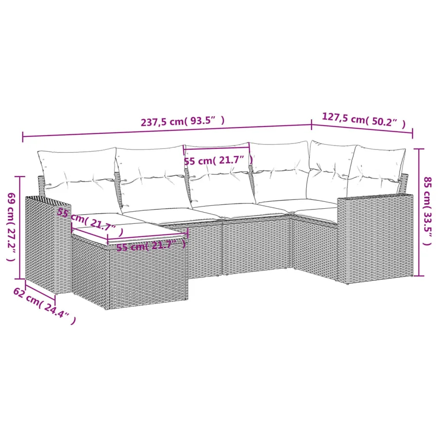 Salon de jardin 6 pcs avec coussins noir résine tressée - 3