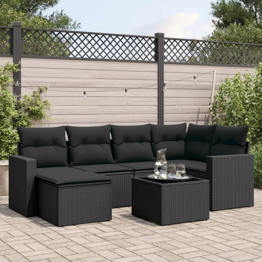 Salon de jardin 7 pcs avec coussins noir résine tressée 62 x 62 x 69 cm - 57,8 kg