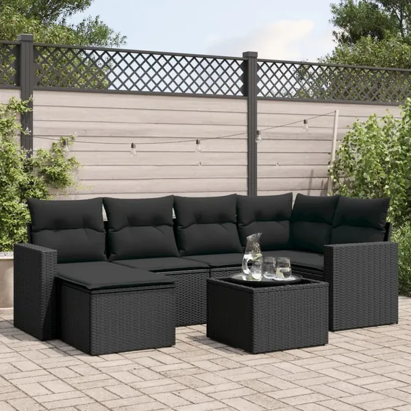 Salon de jardin 7 pcs avec coussins noir résine tressée 62 x 62 x 69 cm - 57,8 kg