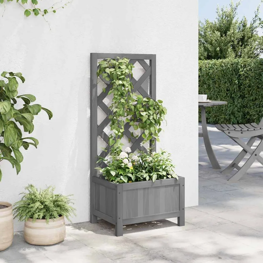 Jardinière avec treillis gris bois massif de sapin - 3