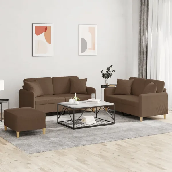 Ensemble de canapés 3 pcs avec coussins marron tissu