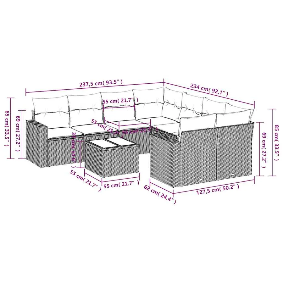 Salon de jardin avec coussins 9 pcs beige résine tressée - 3