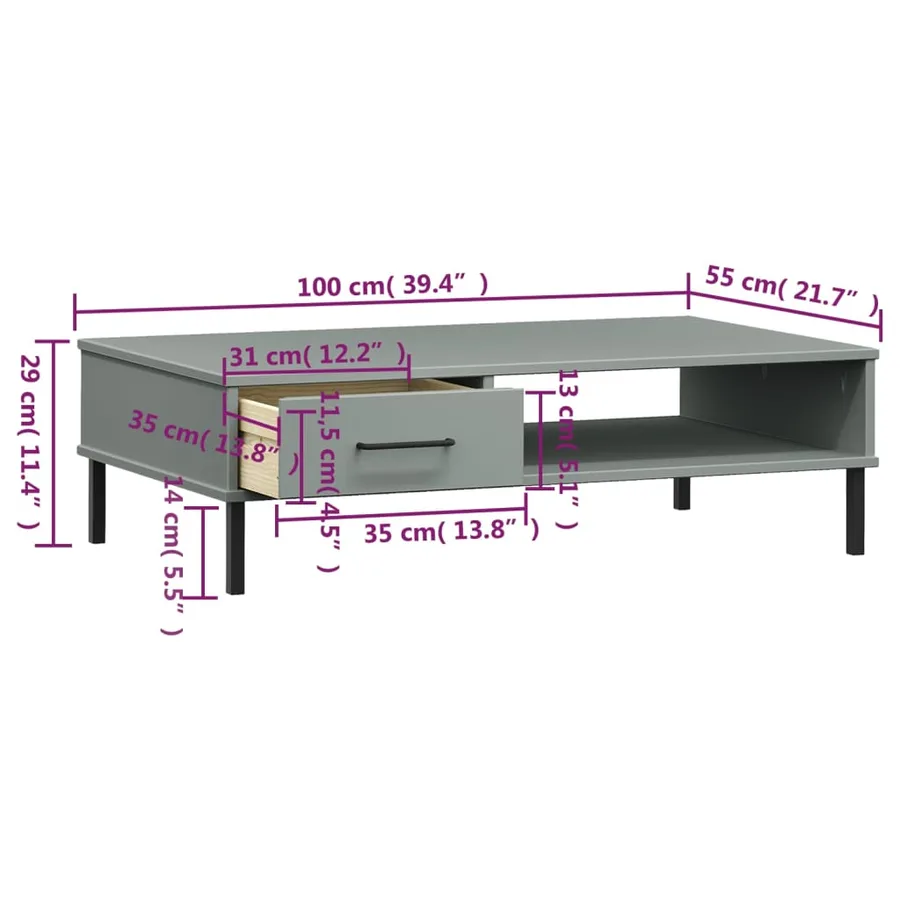 Table basse avec pieds en métal Gris Bois pin massif OSLO - 8