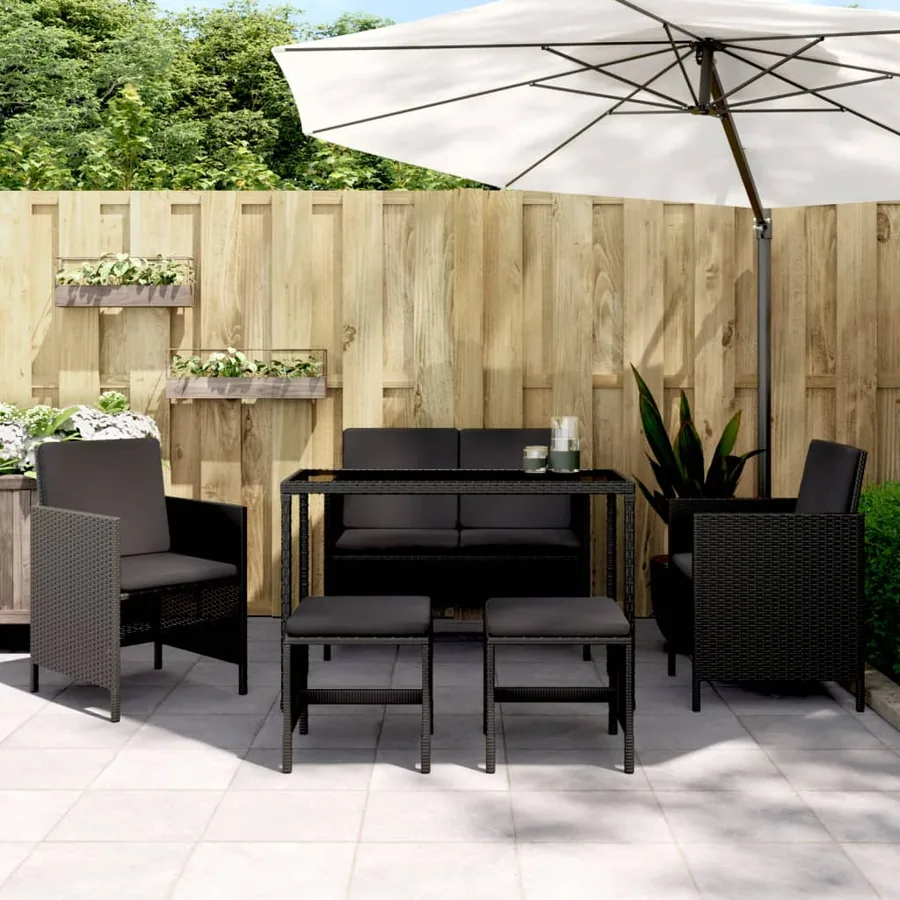 Ensemble à manger de jardin coussins 6pcs noir résine tressée