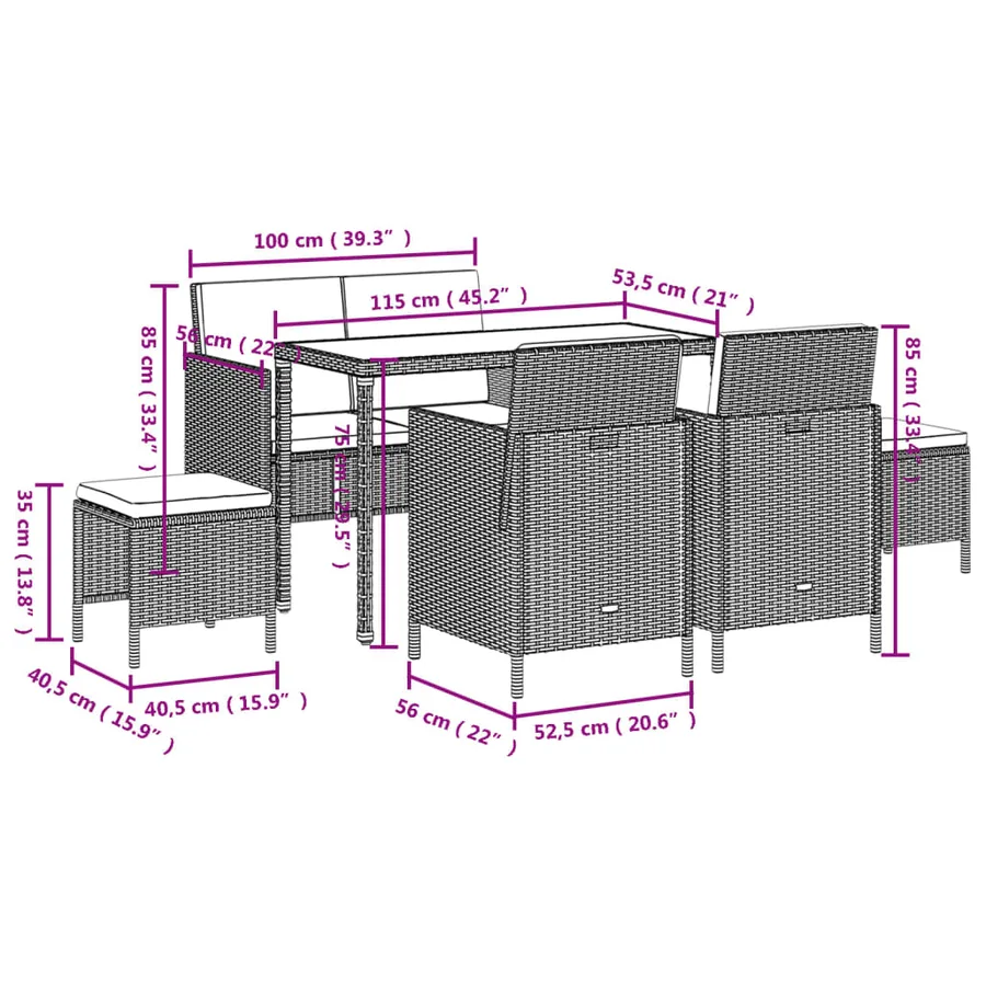 Ensemble à manger de jardin coussins 6pcs noir résine tressée - 11