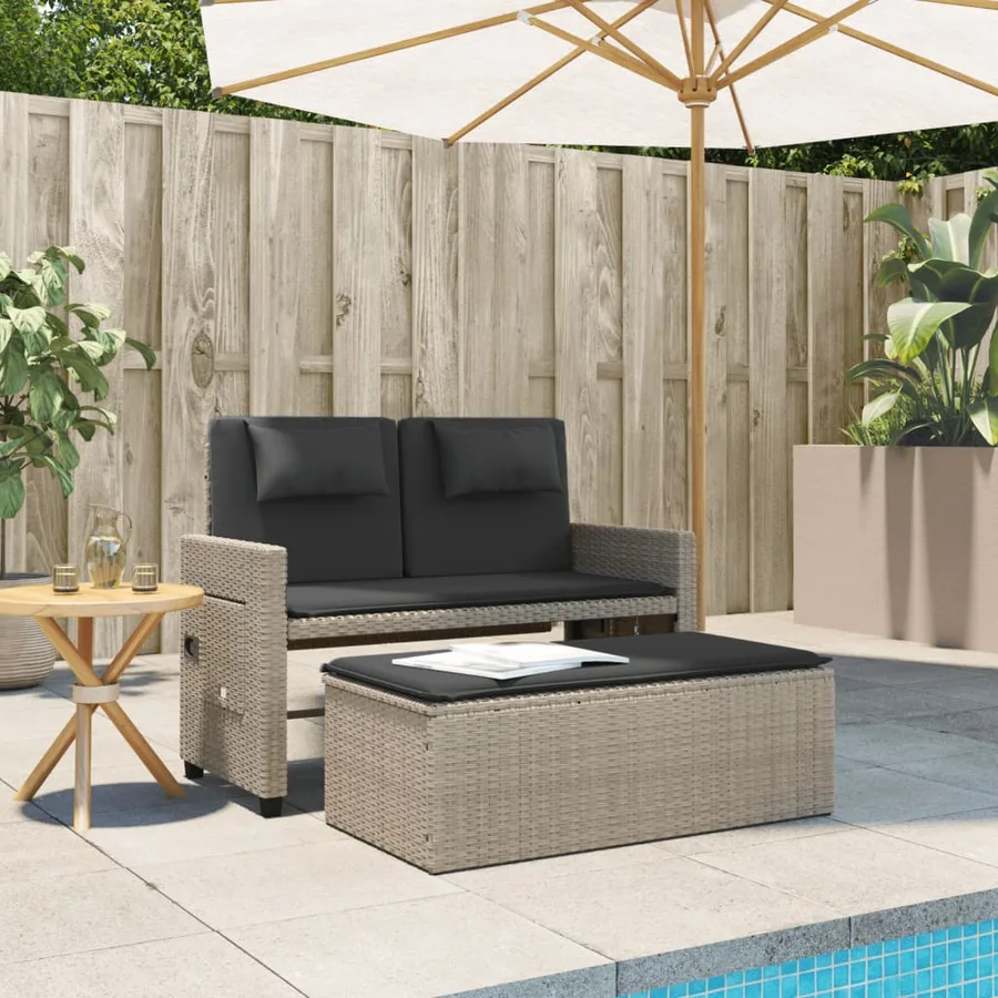 Banc inclinable de jardin et coussins gris clair résine tressée - 3
