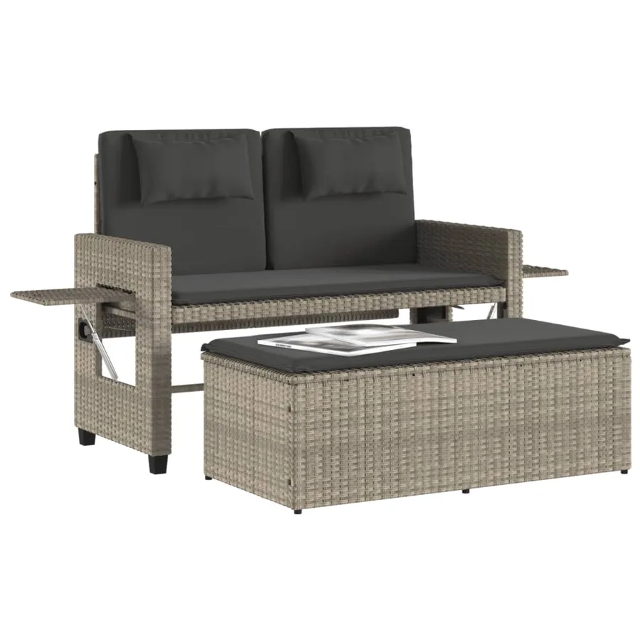 Banc inclinable de jardin et coussins gris clair résine tressée - 4