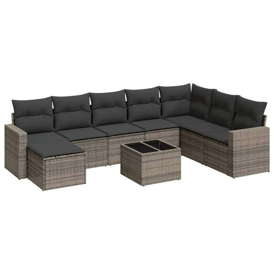 Salon de jardin 9 pcs avec coussins gris résine tressée - 2