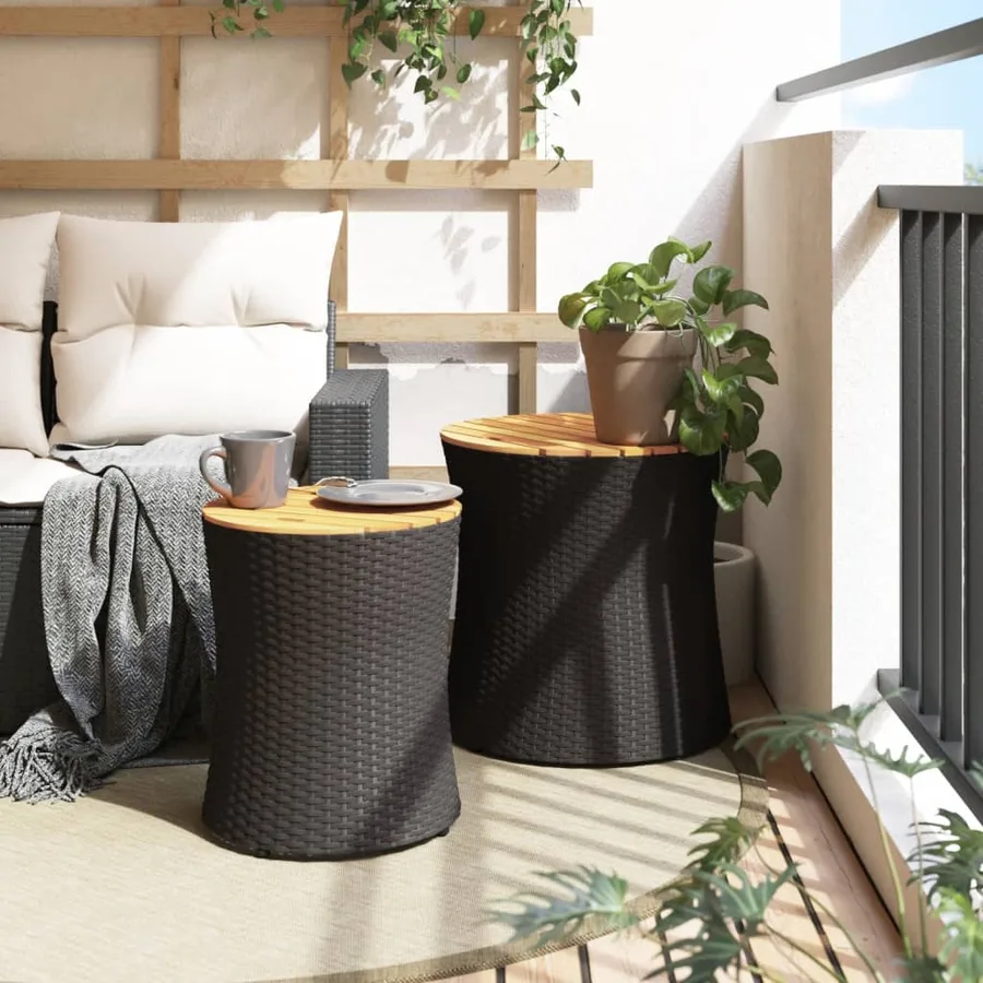 Tables d'appoint de jardin 2 pcs dessus en bois noir poly rotin - 3