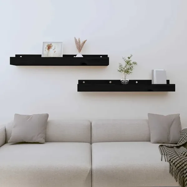Étagères murales 2 pcs Noir 80x12x9 cm Bois de pin massif