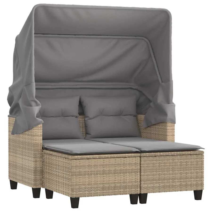 Canapé de jardin 2 places avec auvent et tabourets beige rotin - 2