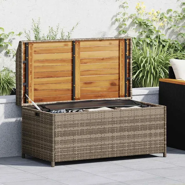 Banc de rangement gris résine tressée et bois d'acacia