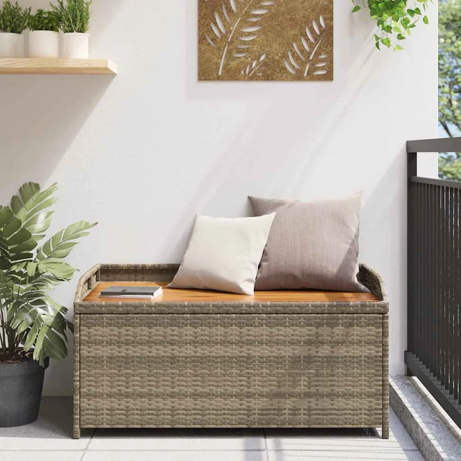 Banc de rangement gris résine tressée et bois d'acacia - 3
