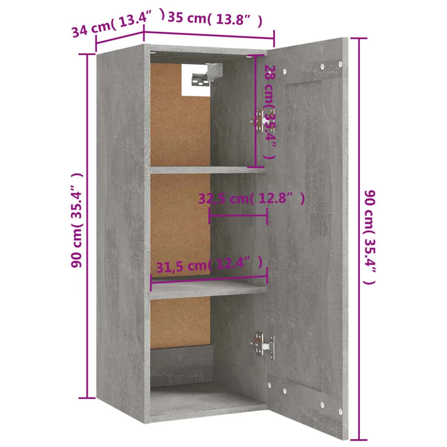 Armoire suspendue Gris béton 35x34x90 cm Bois d'ingénierie - 10