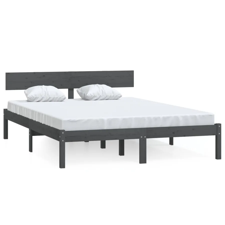 Cadre de lit sans matelas gris bois massif - 2