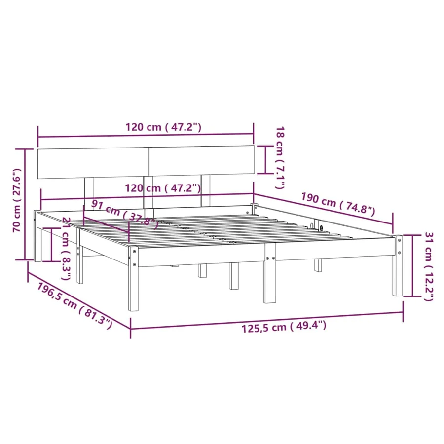 Cadre de lit sans matelas gris bois massif - 9