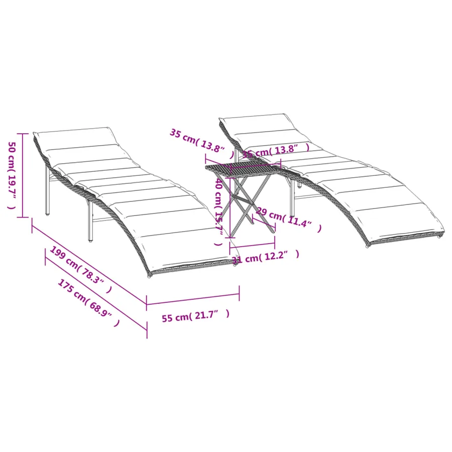 Chaises longues lot de 2 avec table marron résine tressée - 11