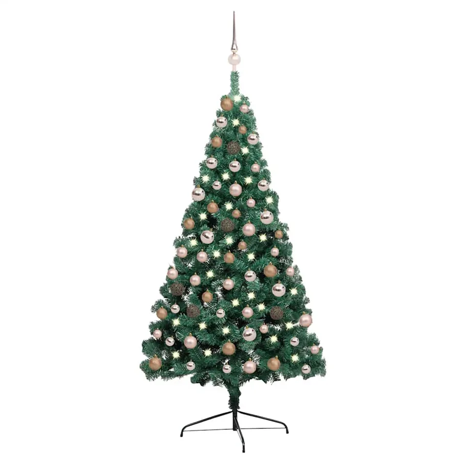 Demi-arbre de Noël artificiel pré-éclairé et boules vert 150 cm