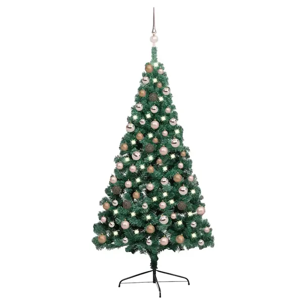 Demi-arbre de Noël artificiel pré-éclairé et boules vert 150 cm