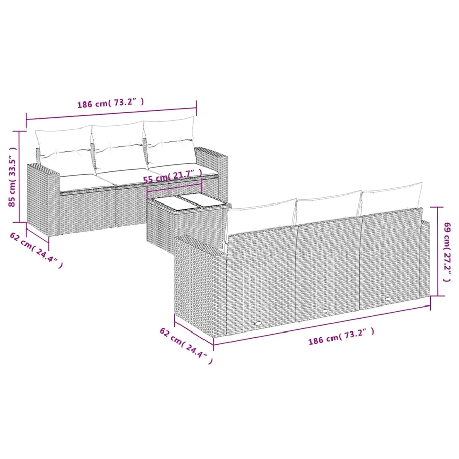 Salon de jardin 7 pcs avec coussins noir résine tressée 55 x 62 x 69 cm - 62,2 kg - 3