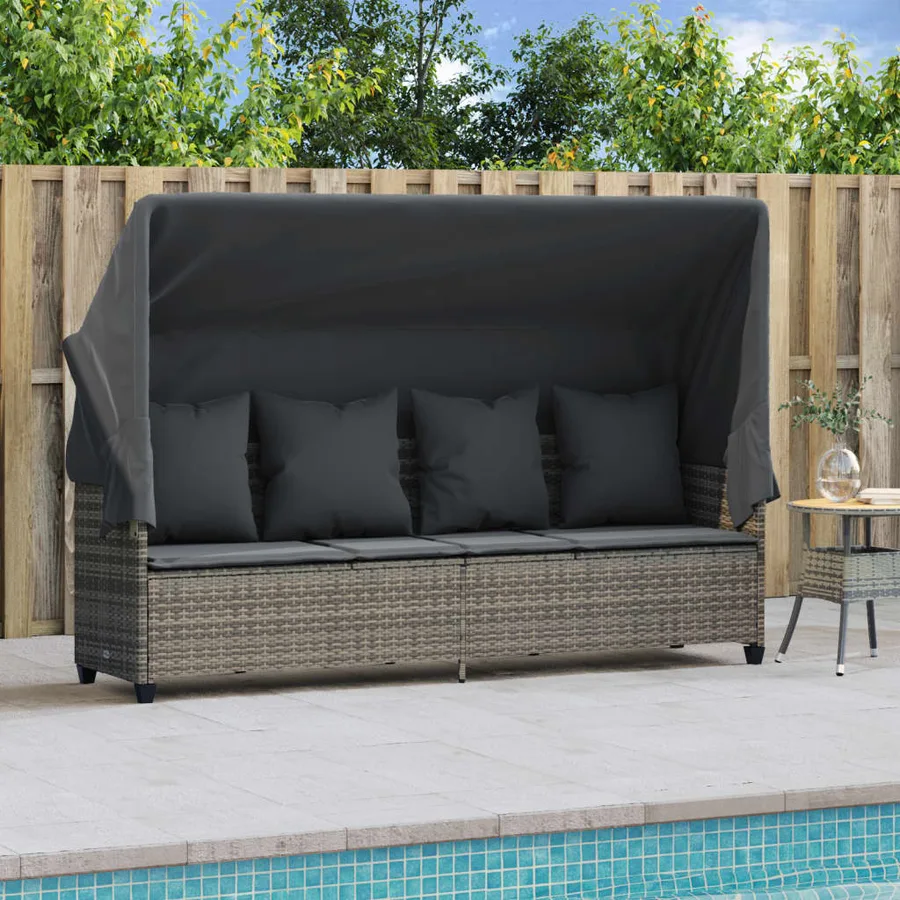 Chaise longue avec auvent et coussins gris résine tressée - 3