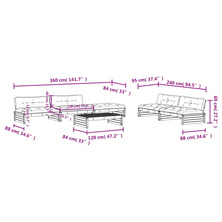 Salon de jardin 6 pcs avec coussins bois de pin imprégné - 8