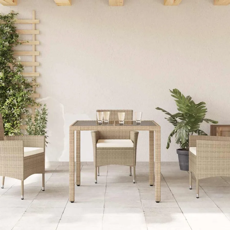 Table de jardin dessus en verre beige 90x90x75cm résine tressée - 3