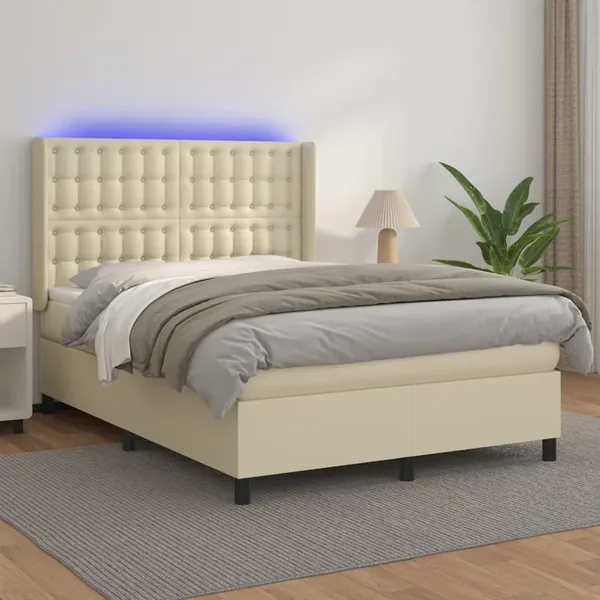 Sommier à lattes de lit matelas LED Crème 140x200 cm Similicuir