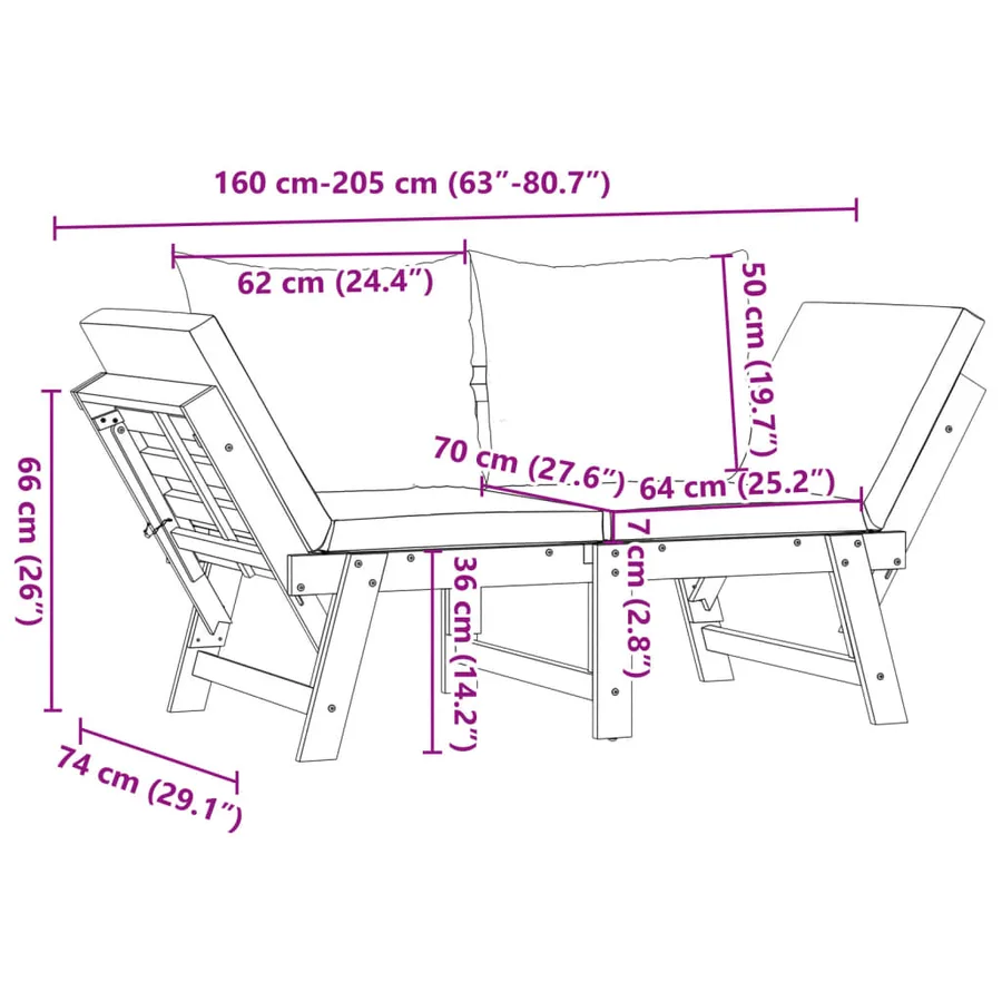 Banc de jardin avec coussins 2 en 1 bois d'acacia massif - 10