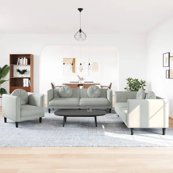 Ensemble de canapés 3 pcs avec coussins gris clair velours
