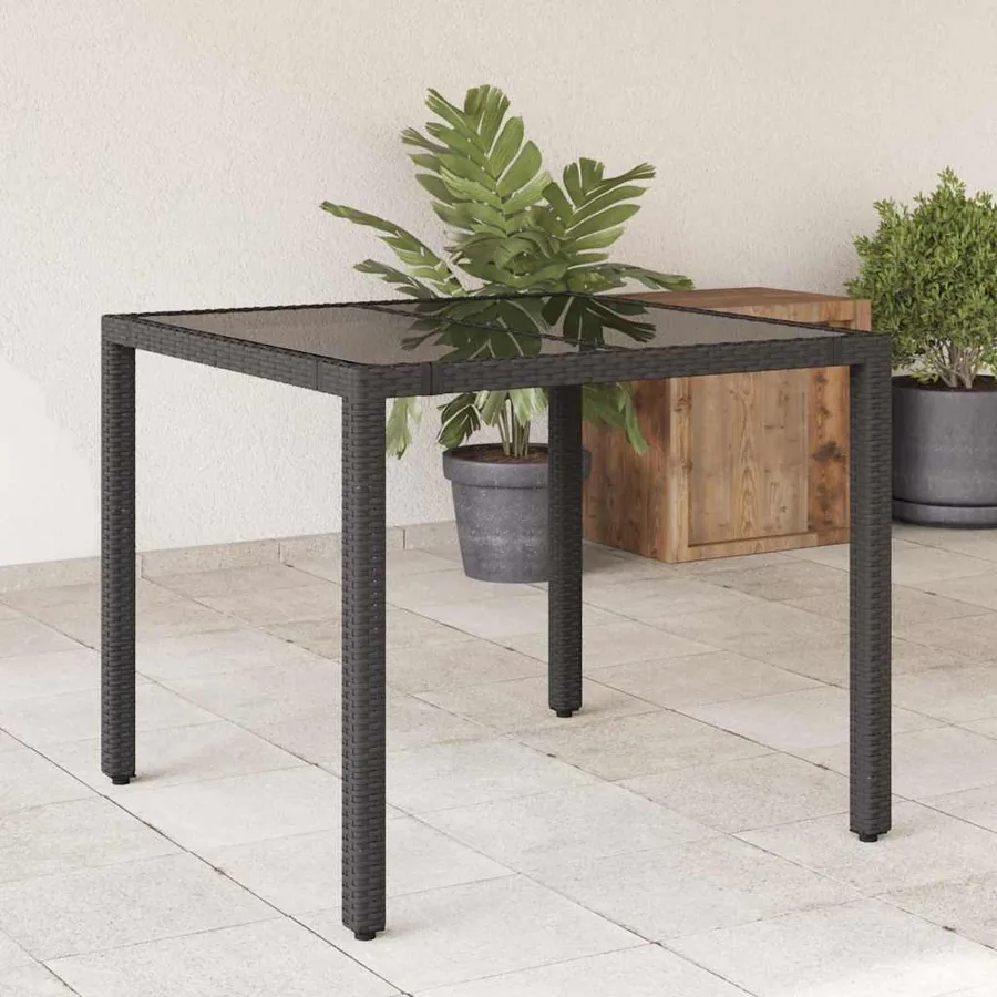 Table de jardin dessus en verre Noir 90x90x75 cm Résine tressée