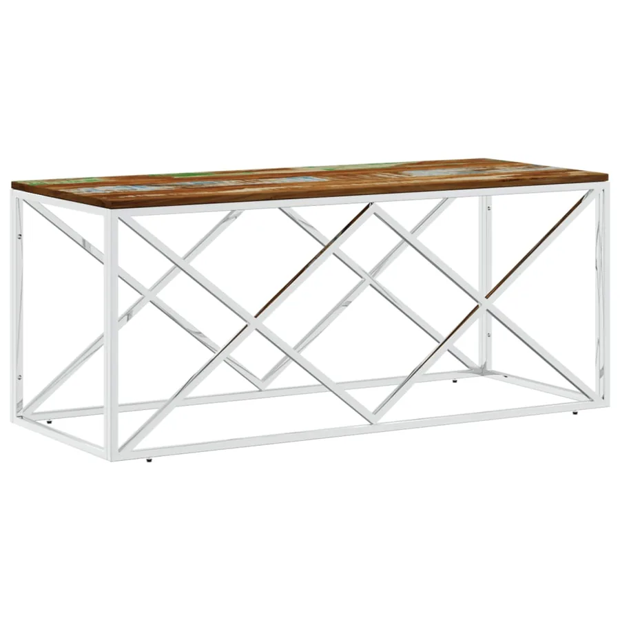 Table basse acier inoxydable et bois massif de récupération - 2