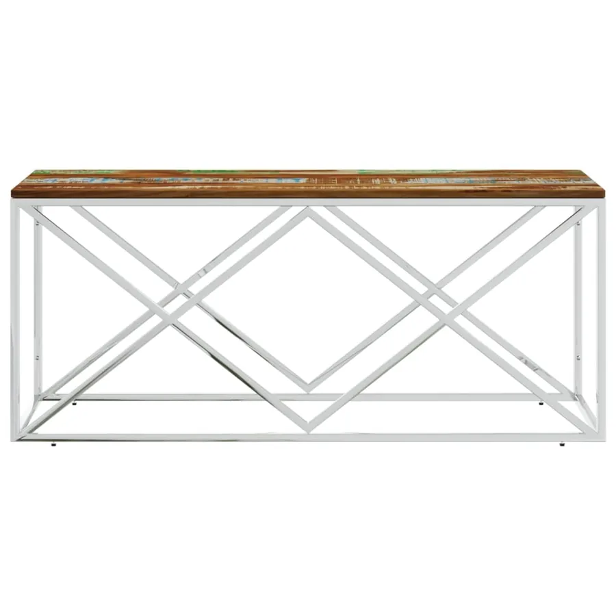 Table basse acier inoxydable et bois massif de récupération - 3