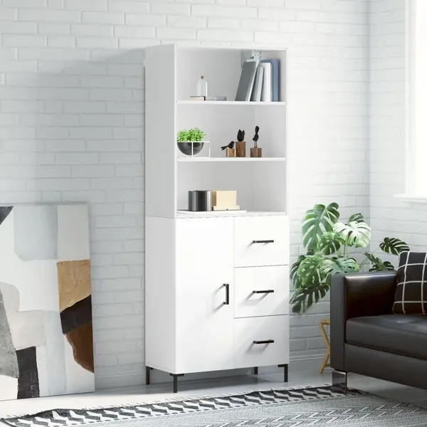 Buffet haut Blanc brillant 69,5x34x180 cm Bois d'ingénierie