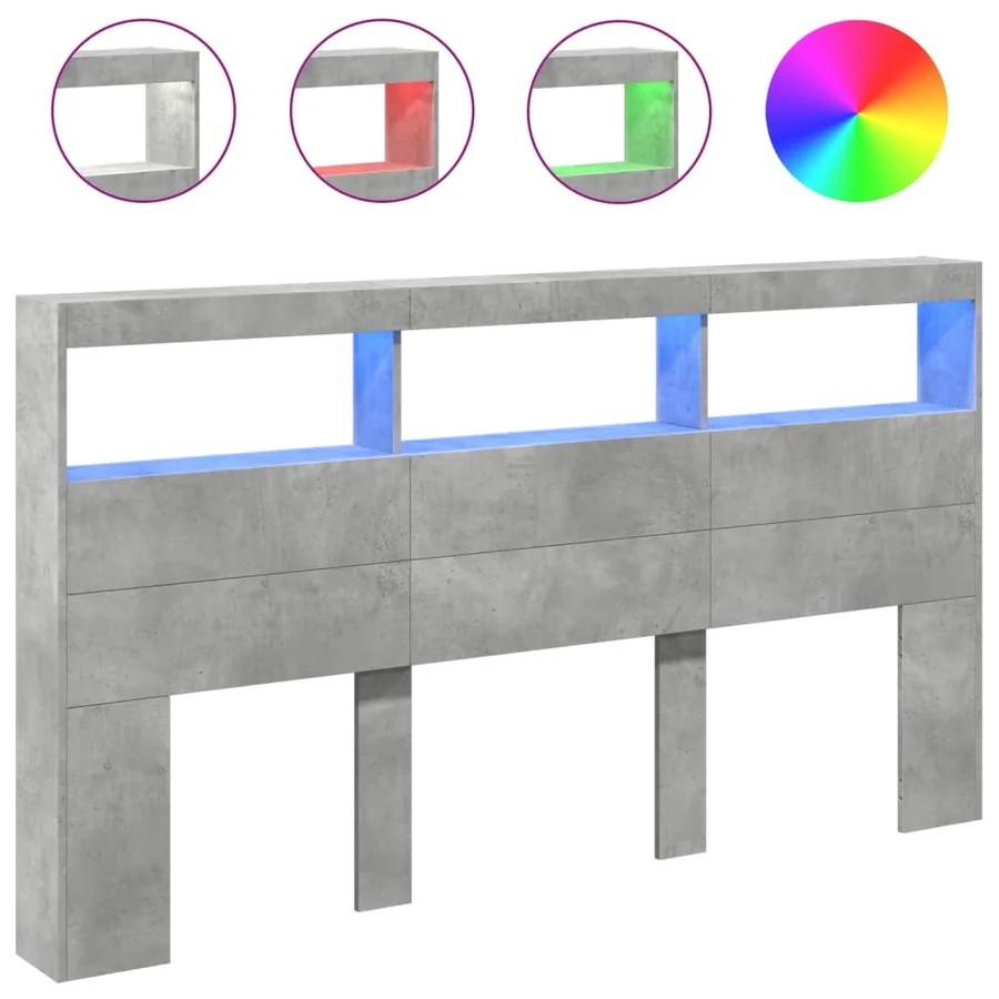 Armoire tête de lit avec LED gris béton 180x17x102 cm - 2
