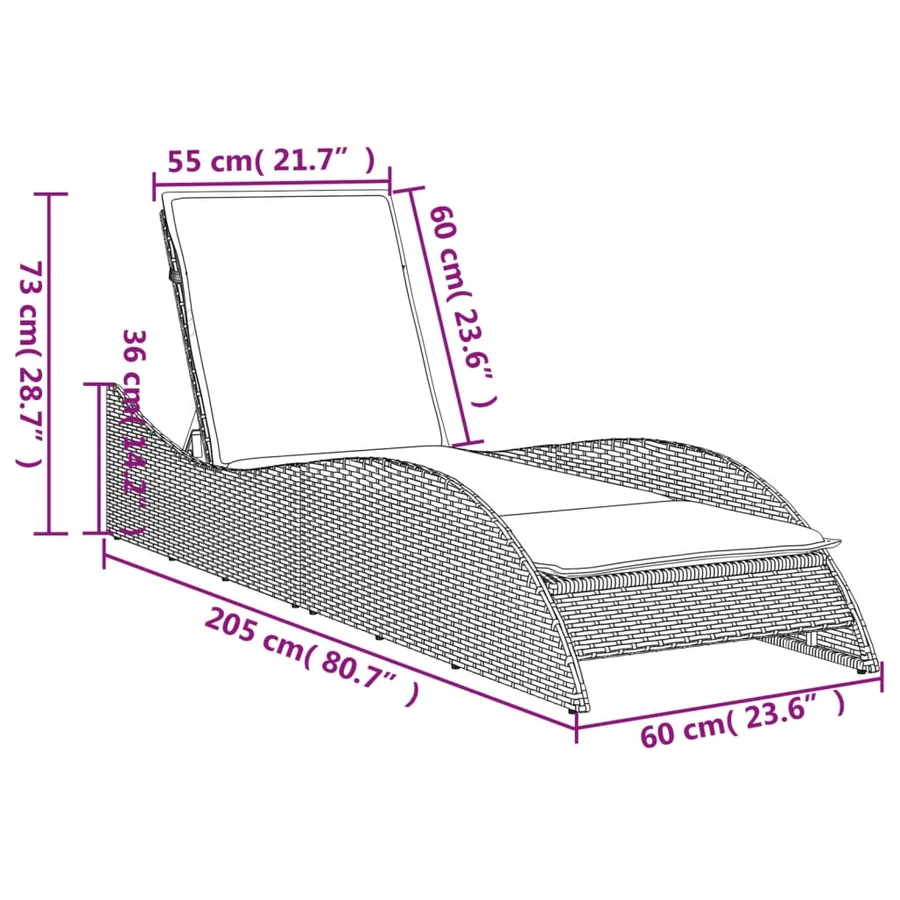 Chaise longue avec coussin noir 60x205x73 cm résine tressée - 9