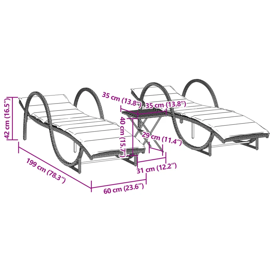 Chaises longues lot de 2 avec table gris résine tressée - 13