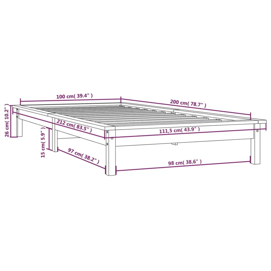 Cadre de lit sans matelas gris 100x200 cm bois massif - 9