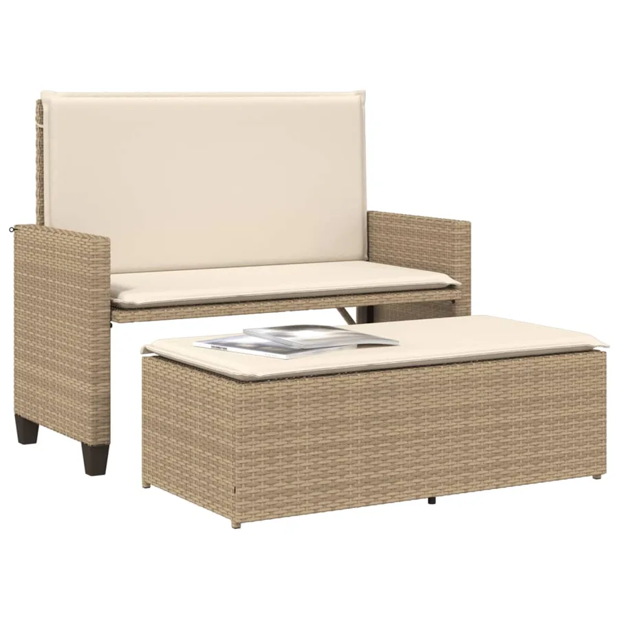 Banc de jardin et coussins et repose-pied beige résine tressée - 4