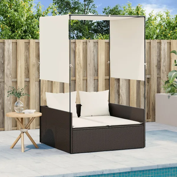 Chaise longue double avec toit et rideaux marron résine tressée
