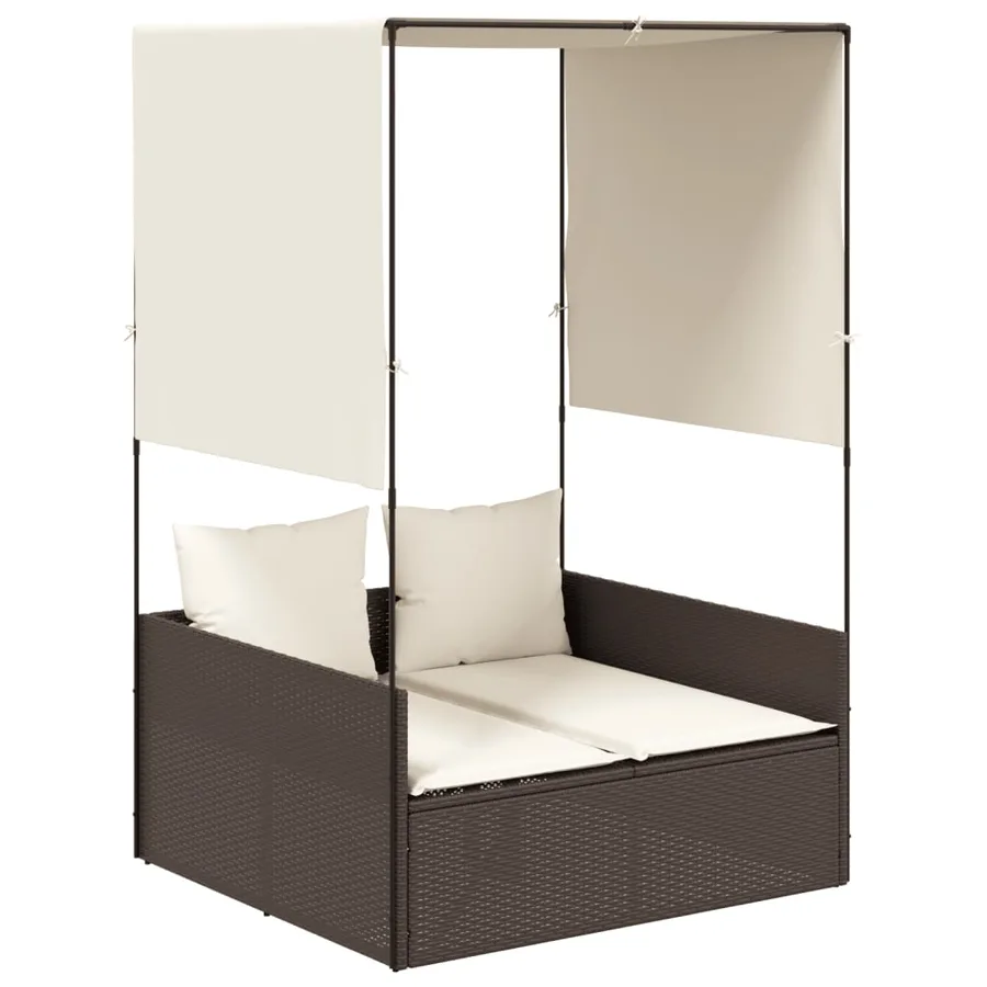 Chaise longue double avec toit et rideaux marron résine tressée - 2