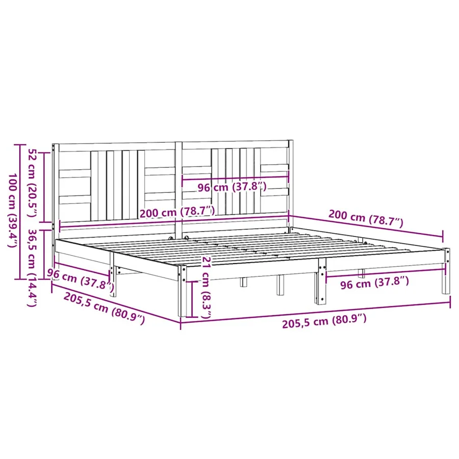 Cadre de lit sans matelas noir 200x200 cm bois massif - 9