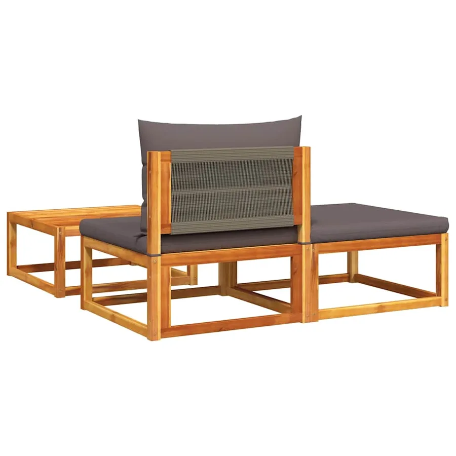 Ensemble de canapés de jardin 3 pièces avec coussins, bois d'acacia et corde, - 6
