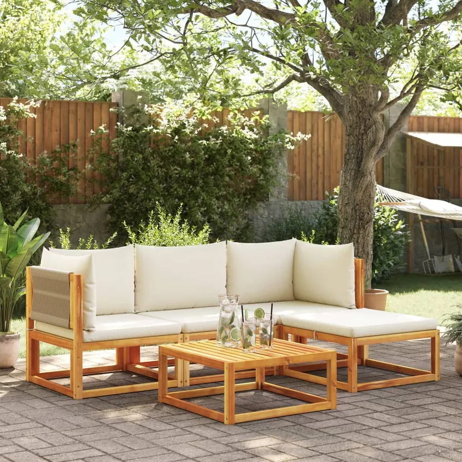 Ensemble de canapés de jardin 5 pièces avec coussins en bois d'acacia et corde