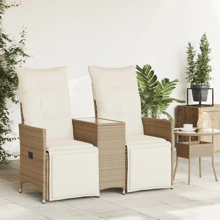 Canapé de jardin inclinable 2 places avec table beige rotin - 3