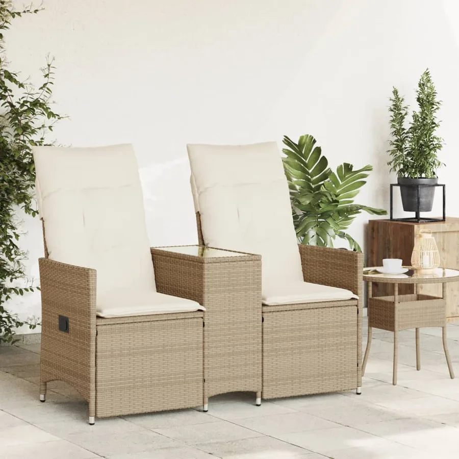 Canapé de jardin inclinable 2 places avec table beige rotin - 3