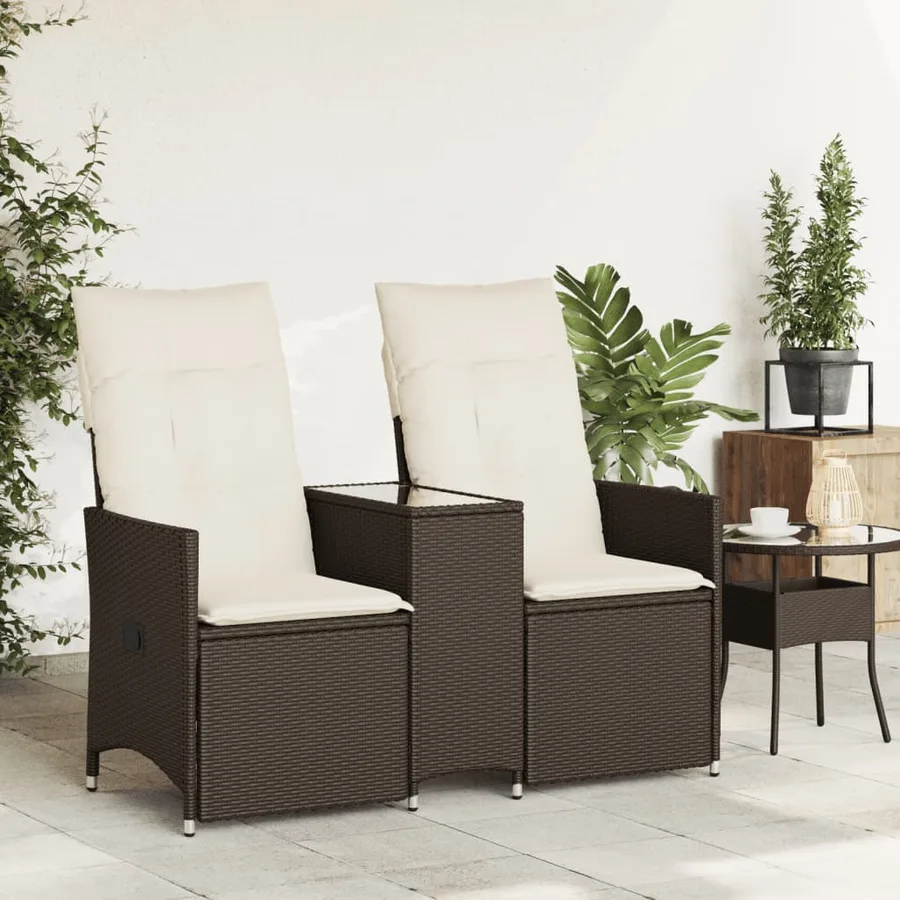 Canapé de jardin inclinable 2 places avec table marron rotin - 3